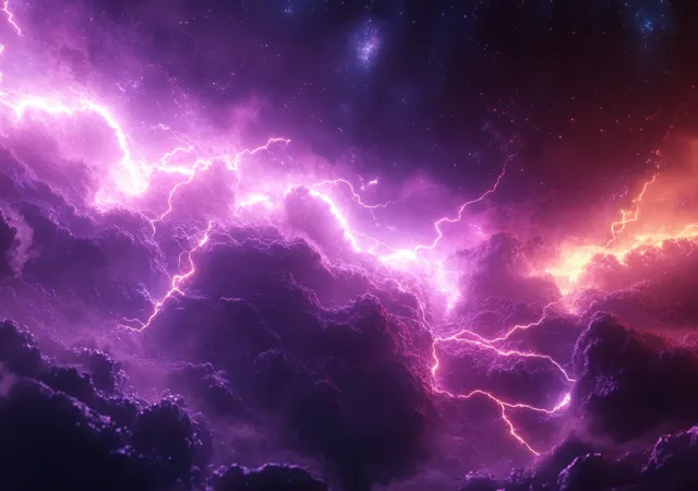 Electric purple lightning storm crackling across deep space fractal clouds