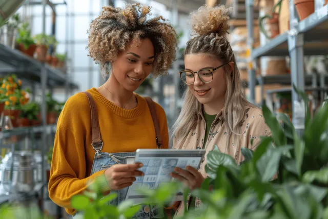 Two businesswomen stand in a modern office consulting a tablet with plants in the foreground.