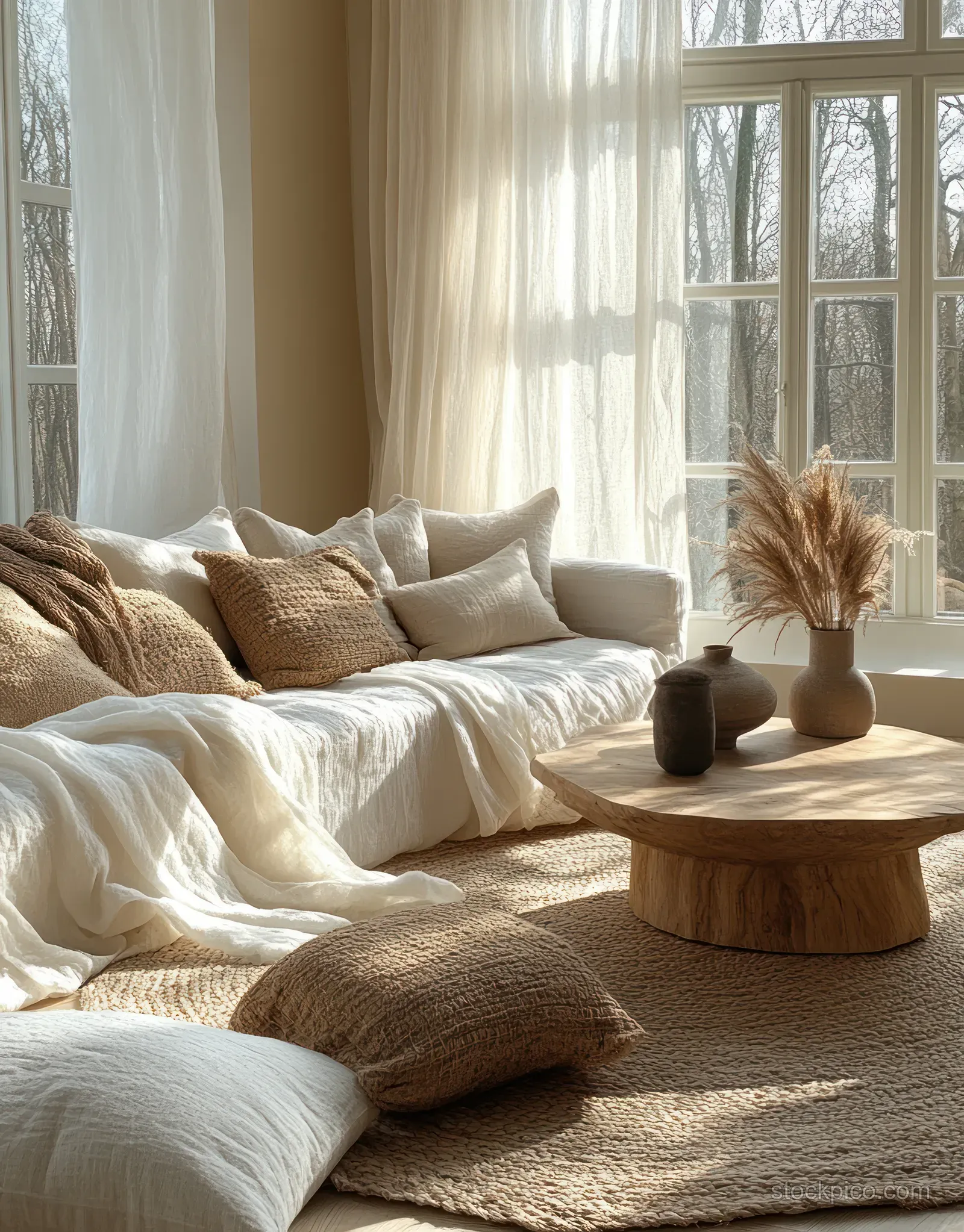 Light Scandinavian living room with a sofa, wooden side table, and sheer curtains letting in warm natural sunlight.