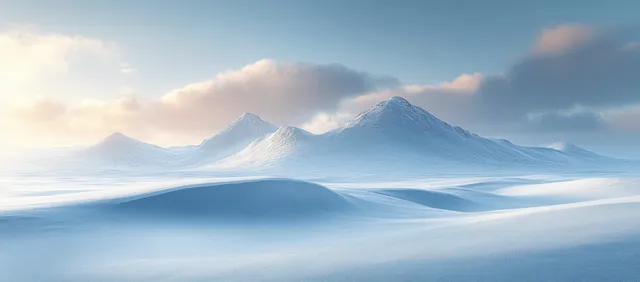 Snow-covered hills and distant mountain ridges beneath pastel sunrise clouds with smooth white snow drifts.