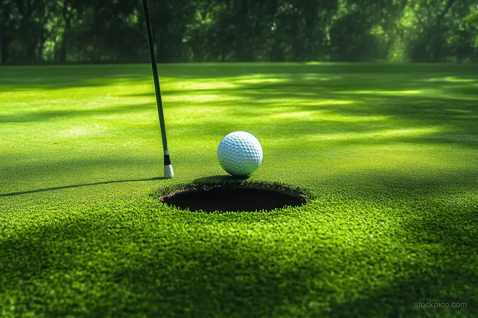 A golf ball rests on the edge of a hole on a sunlit putting green with trees in the background.