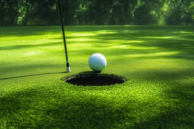 A golf ball rests on the edge of a hole on a sunlit putting green with trees in the background.