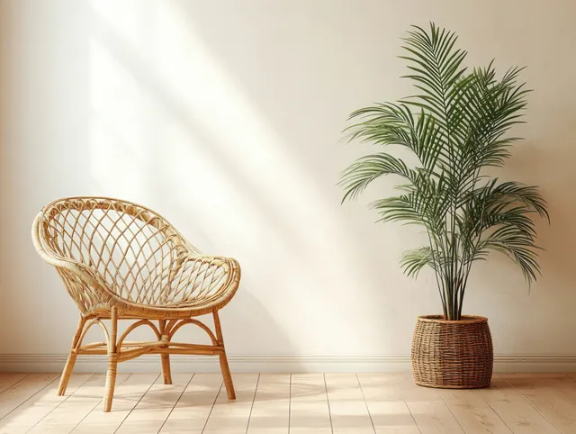 A rattan chair and a potted palm plant stand in a neutral beige room with soft daylight shadows.