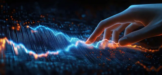 A hand touches a glowing digital graph showing blue and orange data trend lines on a dark futuristic interface.