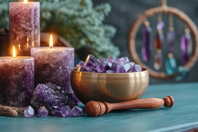 Burning purple candles beside a brass bowl of amethyst crystals and a wooden pestle on a teal surface.