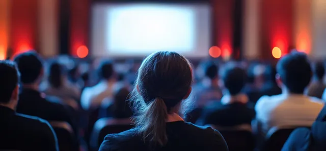 Conference attendees sit facing a stage screen as a presenter delivers a technology keynote in a dim hall.