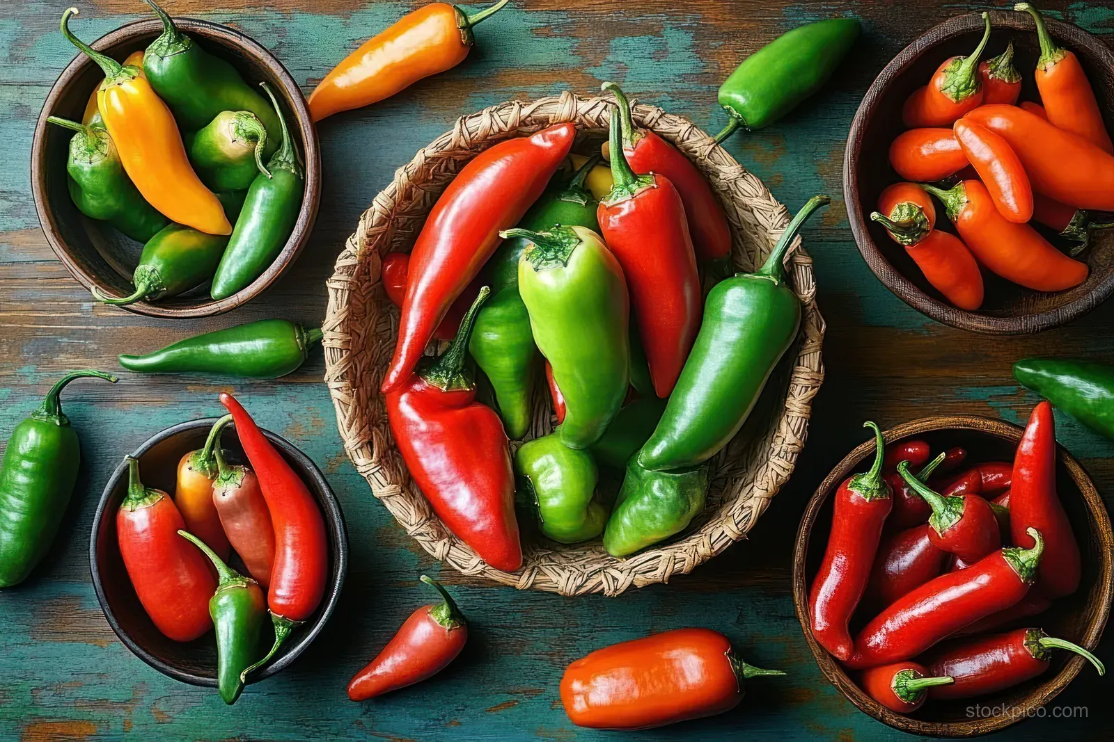 Assorted red, green, and orange chili peppers fill woven baskets and small bowls on a rustic wooden table.