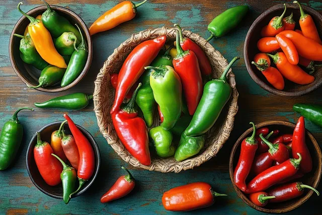 Assorted red, green, and orange chili peppers fill woven baskets and small bowls on a rustic wooden table.