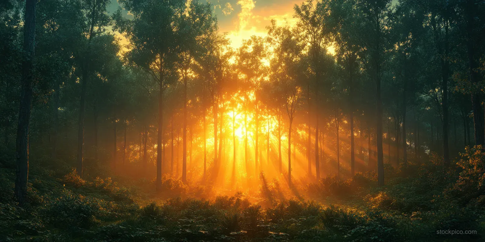 Sunbeams shine through green leaves in a misty forest clearing at sunrise.