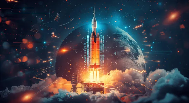 Rocket launch over moon, glowing data charts and floating business indicators in space
