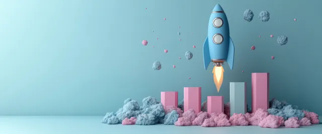 3D rocket launching beside rising growth bar chart for startup business strategy concept