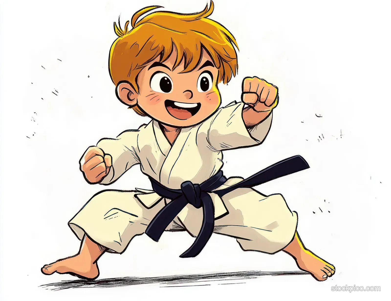 Cartoon boy in karate uniform performing a jumping kick pose on a white background with motion flecks.