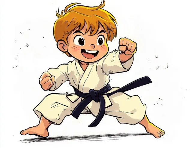 Cheerful boy karate training in jumping kick pose with pastel cartoon style and motion lines