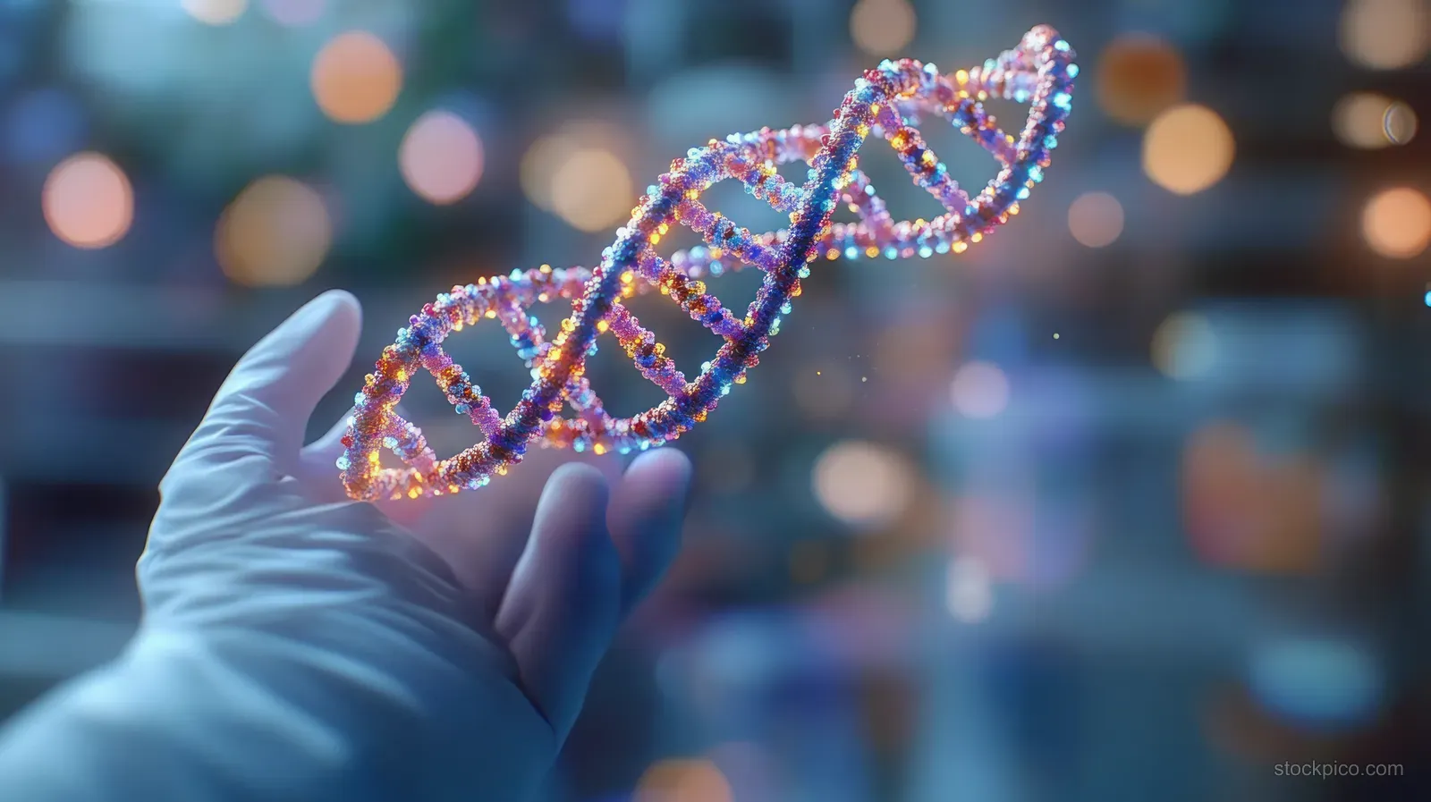 A gloved hand holds a glowing DNA double helix with colorful particles against a blurred scientific laboratory background.