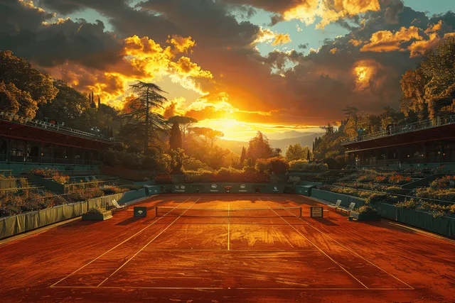 Empty clay tennis court at sunset with warm sun rays, green trees, and dramatic clouds over surrounding stands.