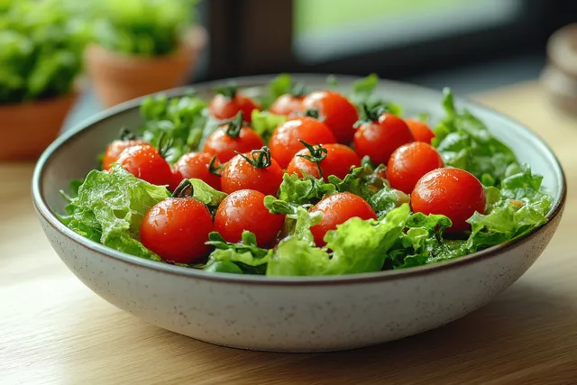 Closeup of a fresh vegetable salad with cherry tomatoes and crisp lettuce in a rustic bowl, illuminated by natural light.