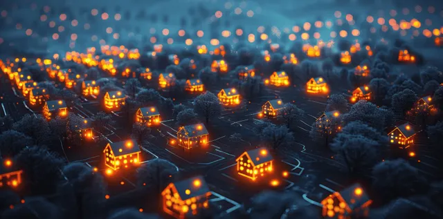 Aerial night view of glowing smart houses connected by faint digital network lines.