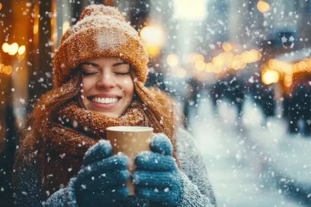 Smiling woman in knit hat holding steaming hot tea on snowy city street at night