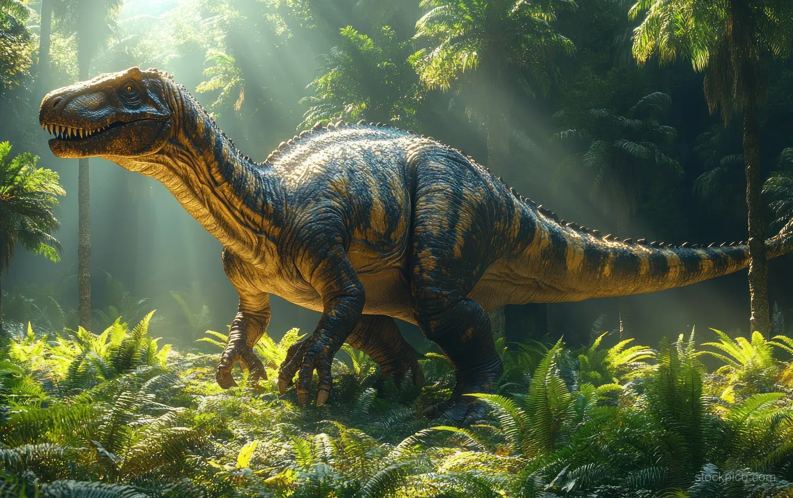 A feathered Gallimimus theropod prowls through a misty prehistoric jungle with ferns and tall plants.