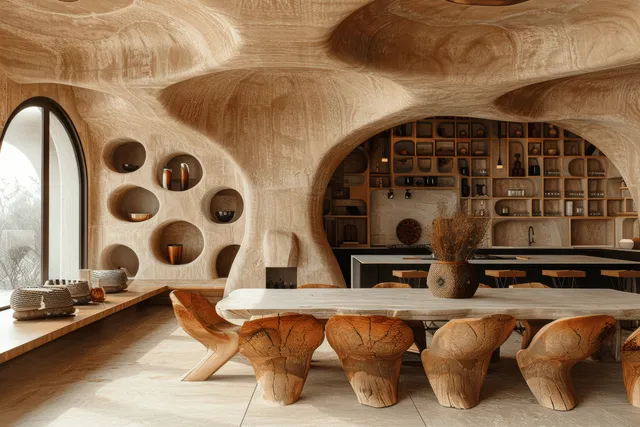 A minimalist dining room with curved wooden wall arches, sculptural benches, and pendant lights.