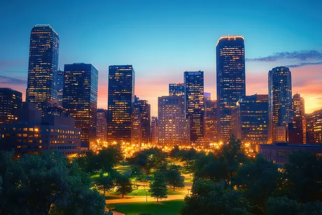 Downtown Omaha skyline at dusk with illuminated skyscrapers and a blue-orange sunset above park green spaces.