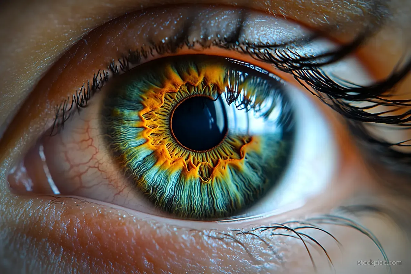 Extreme close-up of a human eye showing a green-orange iris, eyelashes, and visible skin texture with light reflections.