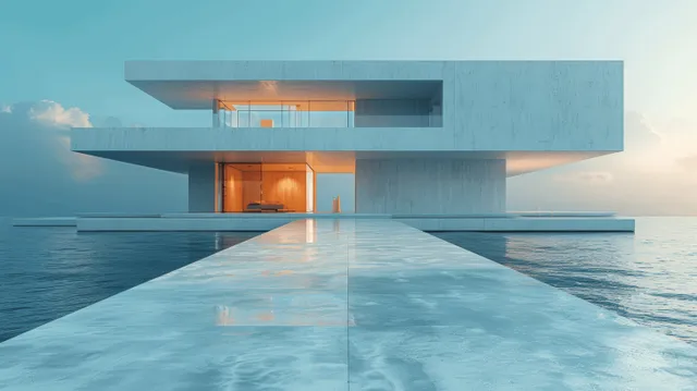 Minimalist white architectural structure with concrete terrace and blue sky light