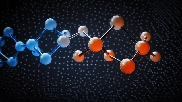 Glowing blue and orange atoms form a connected molecular chain against a dark dotted background.