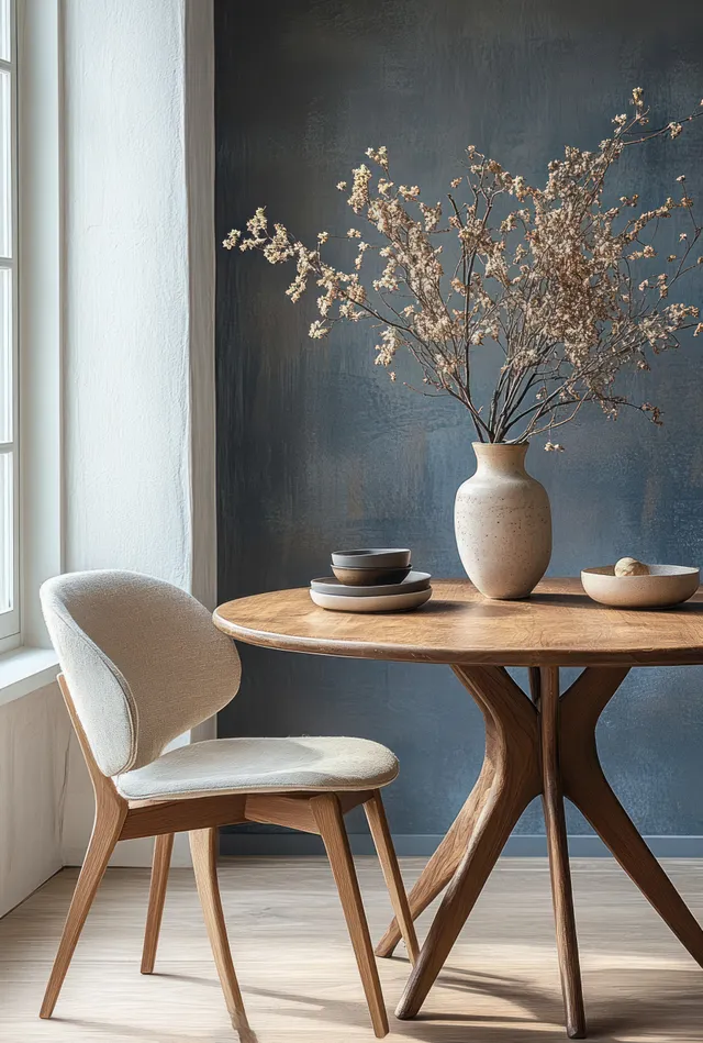 Minimal Scandinavian dining corner with a wooden table, cream chair, and pottery vase holding dried branches by a window.