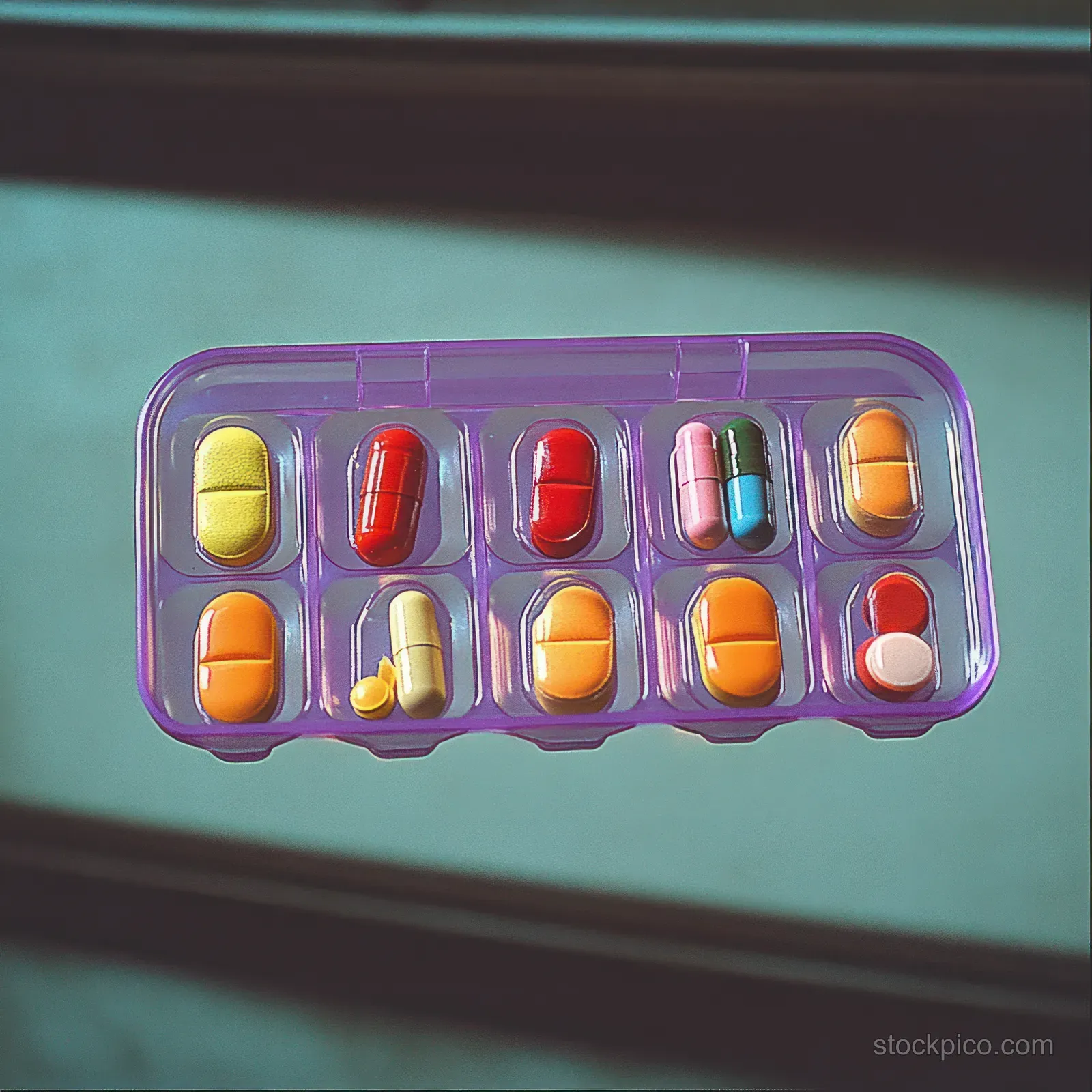 Purple pill organizer holds colorful tablets and capsules in separate compartments under natural light.