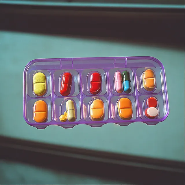 Purple pill organizer with colorful tablets and capsules in sunlit compartments