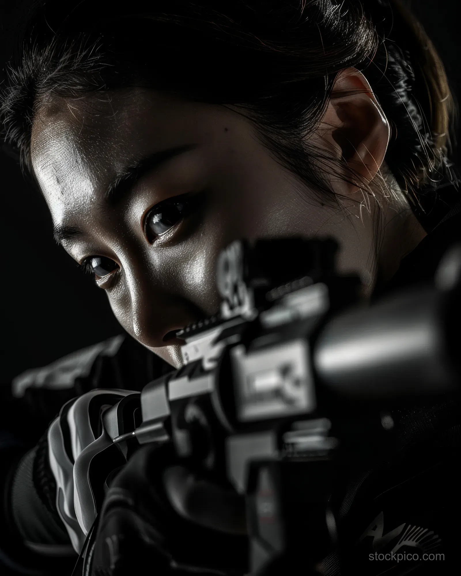 South Korean female athlete aims a 10m air pistol, framed against a dark competition background.
