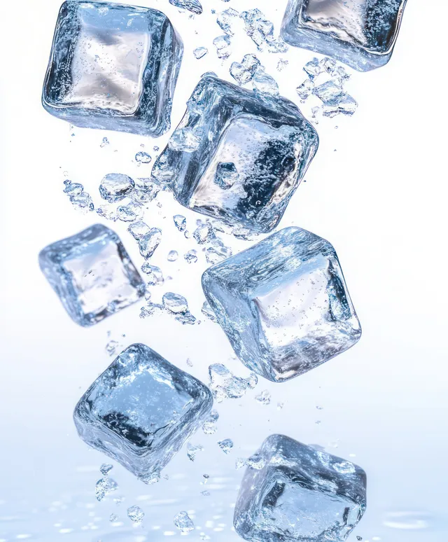 Transparent ice cubes float in water with smaller ice fragments and scattered droplets on a bright light background.