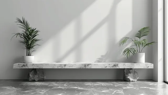 Blank horizontal banner mockup on white tabletop against grey wall with potted plants