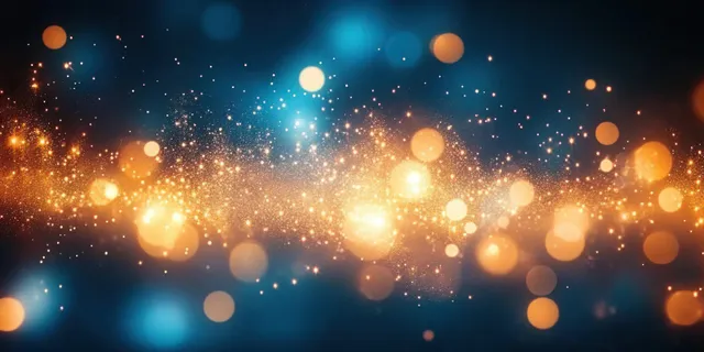 Blue and gold fireworks burst across a dark abstract background with glowing bokeh circles and light trails.
