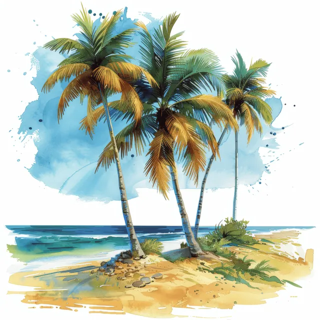 Watercolor palm trees stand on a sandy island next to turquoise ocean with a light sky wash background.