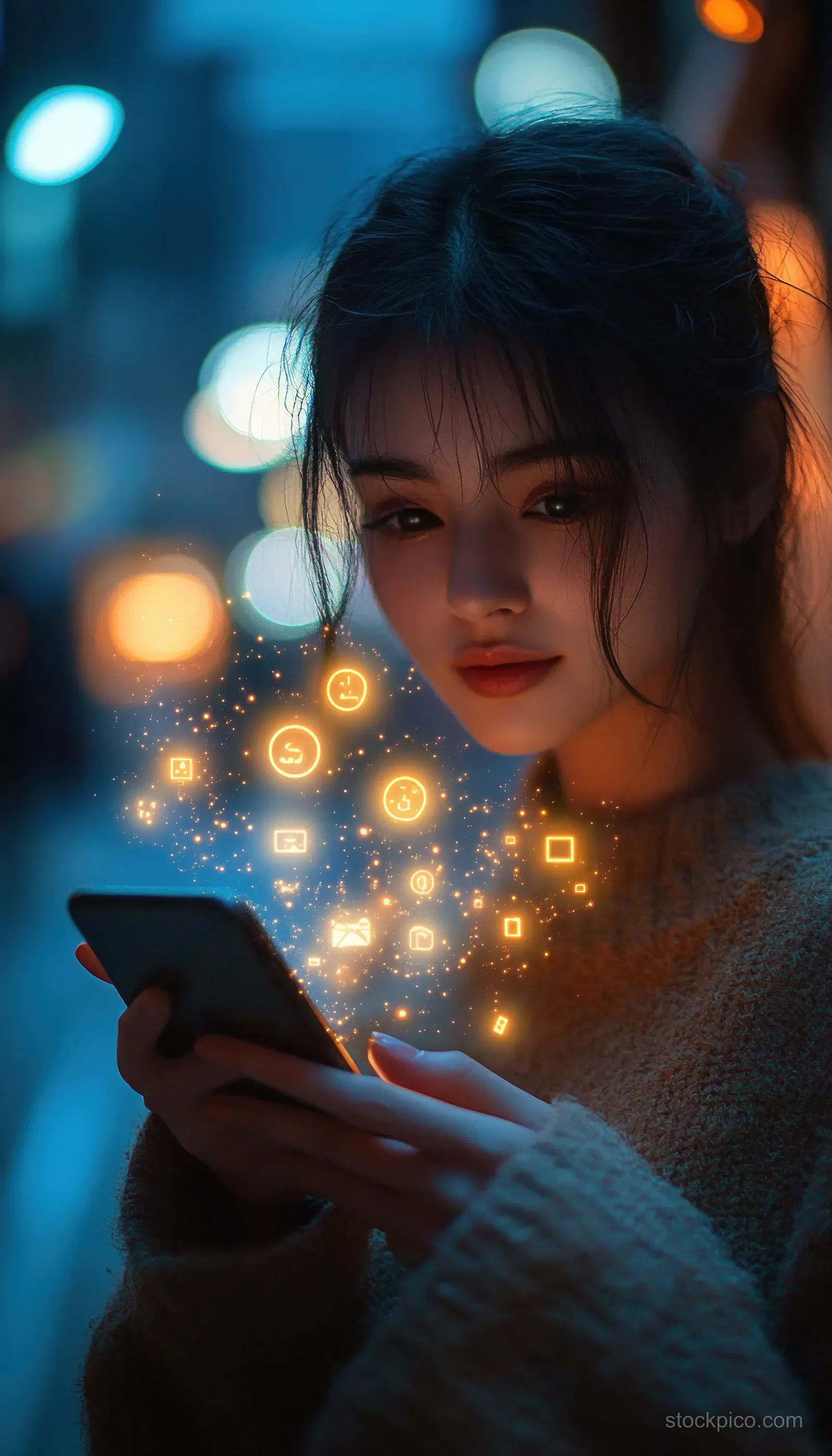 A young woman holds a smartphone while glowing social media icons float around her in a night city street.