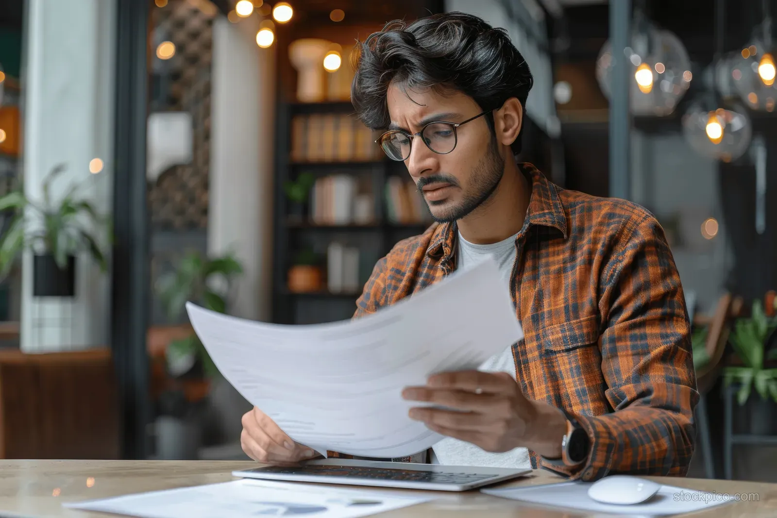 An Indian man wearing goggles reads papers while working on a laptop at a desk in an office.