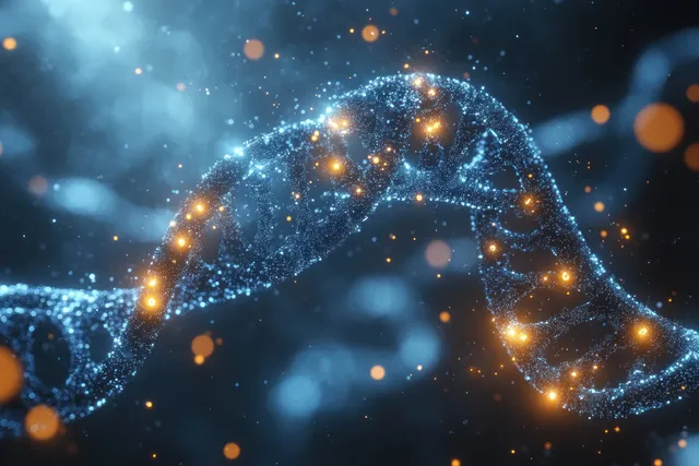 A glowing digital DNA helix curves through dark blue space with floating particles and warm data dots.