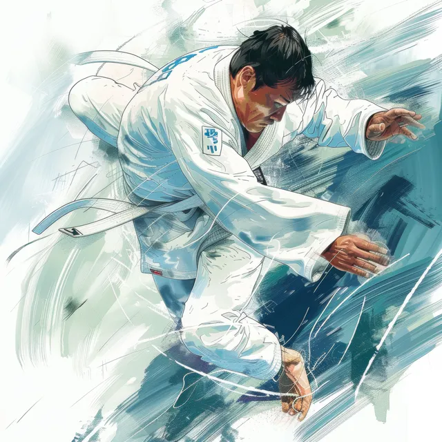 A South Korean judoka in a white gi throws an opponent mid-action during a judo match.