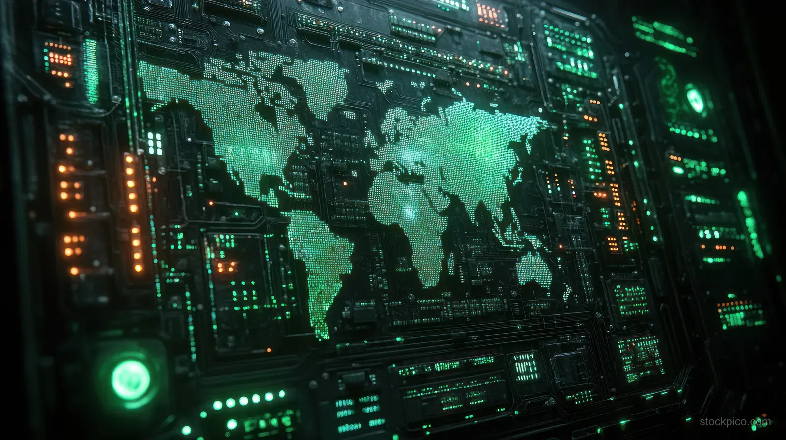 Neon green circuit board panel shows a glowing world map and illuminated processor components.