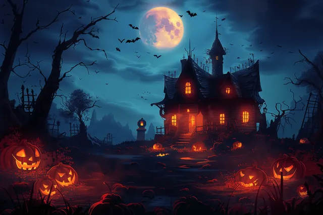 Haunted mansion at night with glowing windows, carved jack-o-lanterns, bats flying, and a full moon overhead.
