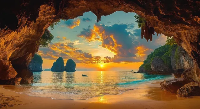 Sunset ocean view framed by an orange-lit cave, sandy shore, and lush greenery