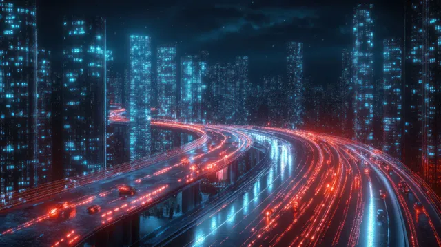 A curved neon highway with red and blue light trails runs through a dark futuristic city skyline.