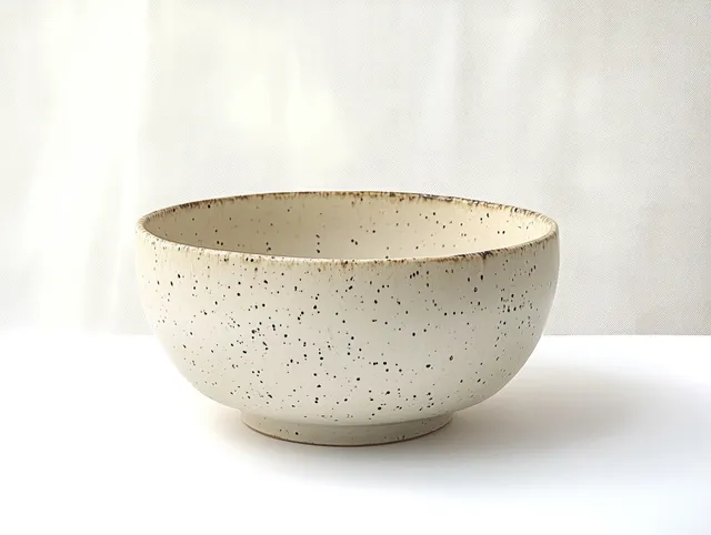 A speckled white ceramic bowl centered on a clean white surface under soft neutral light.