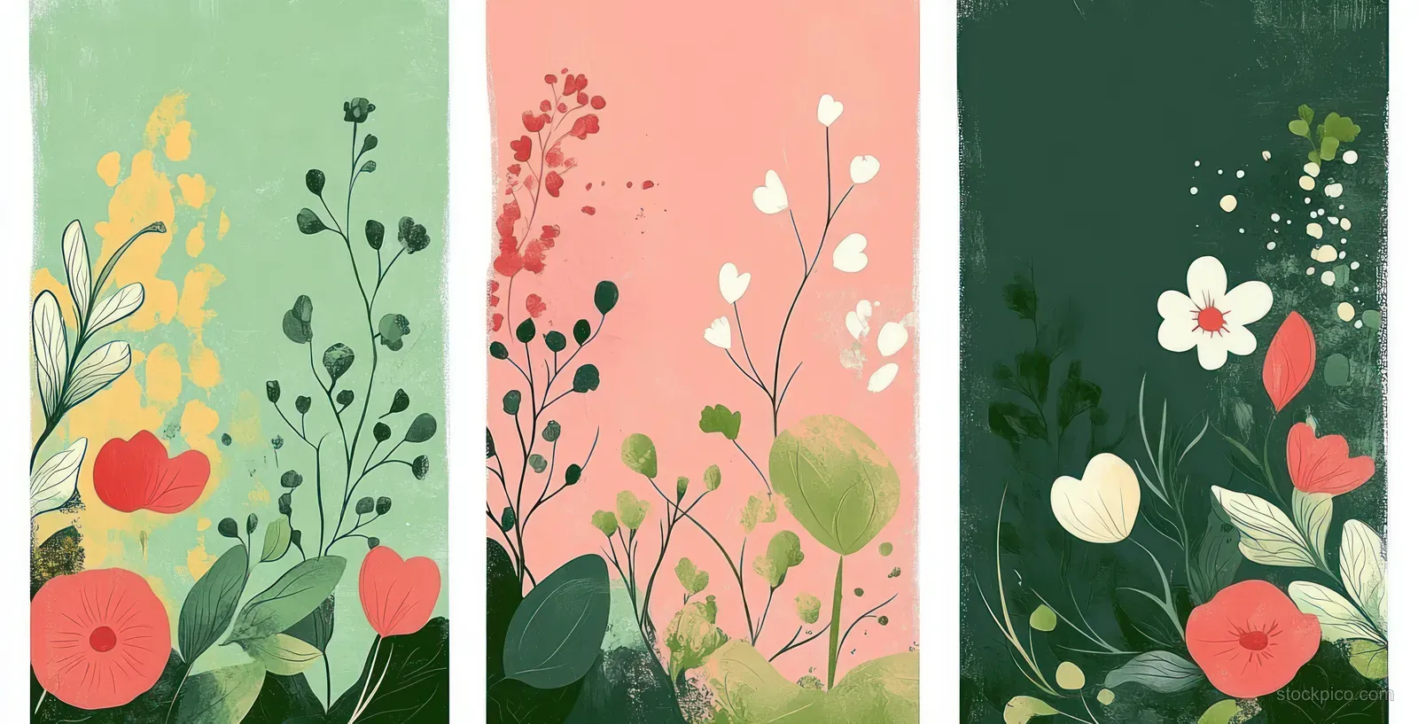 Three vertical abstract botanical panels with leaves, flowers, and berries on textured pastel and dark green backgrounds.
