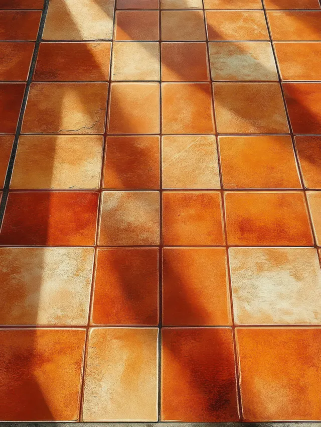 Warm orange and tan ceramic floor tiles arranged in a grid with sunlight creating soft shadow bands.