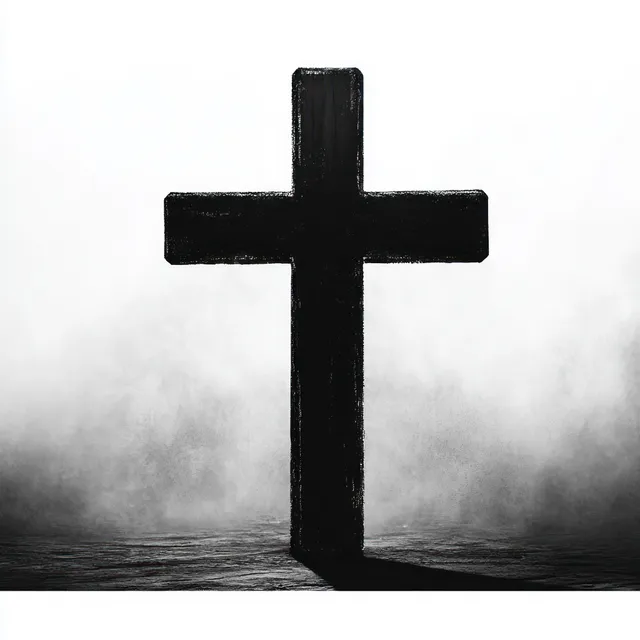 A black cross stands alone on textured ground, casting a shadow in a misty gray gradient background.