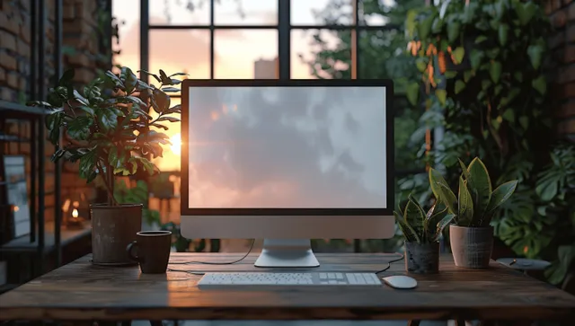 Minimalist desk setup with blank monitor screen at night in a loft office