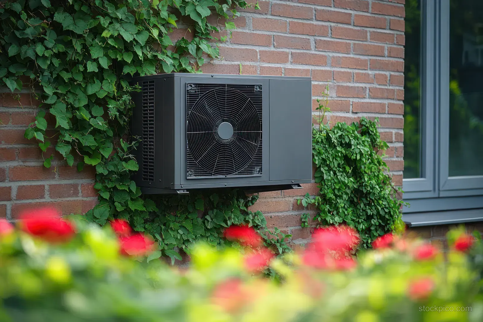 Outdoor air conditioner unit mounted on a red brick wall with green ivy and blurred colorful flowers in front.
